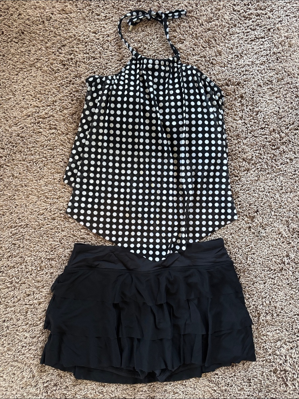 Women’s Black Polka Dot Halter Top and Black Ruffle Skirt Set